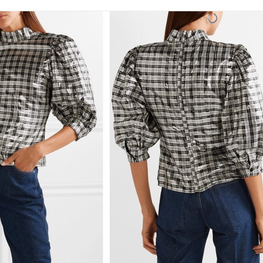 Ganni Laguard checked silk-blend lame blouse